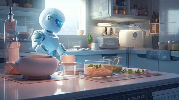 Foto un robot futurista prepara la comida en la cocina una innovación moderna para el hogar contenido generativo de ia