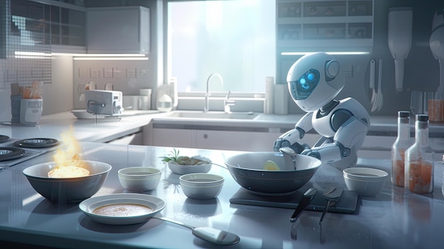 Un robot futurista prepara la comida en la cocina Una innovación moderna para el hogar Contenido generativo de IA