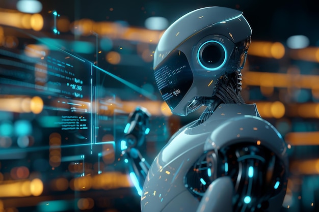 Robot futurista que analiza datos en un entorno de alta tecnología