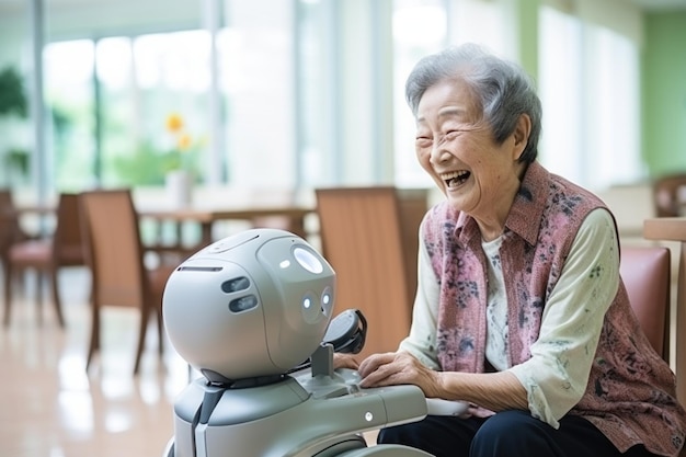 robot futurista que cuida el concepto de la abuela de ayudar a los ancianos con IA generativa