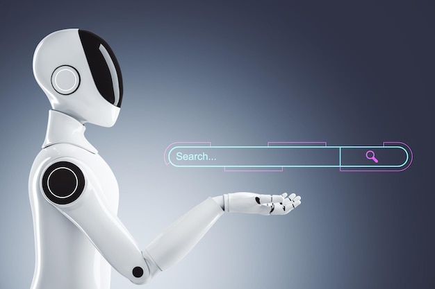 Robot futurista que presenta una interfaz de barra de búsqueda en un concepto de fondo gradiente de tecnología e innovación de IA Rendering 3D