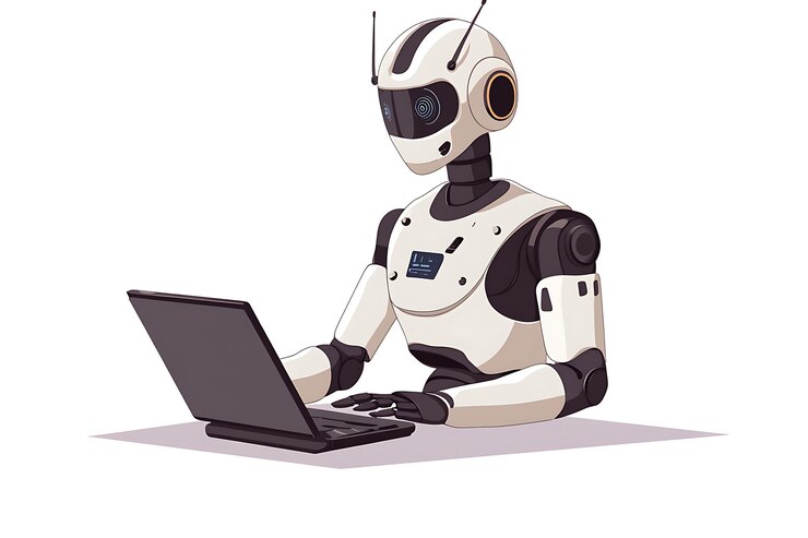 Foto robot futurista que utiliza el concepto de inteligencia artificial de la computadora portátil