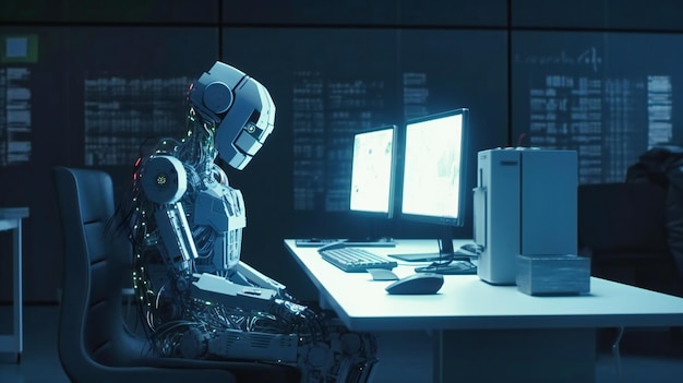 Un robot futurista sentado frente a una computadora