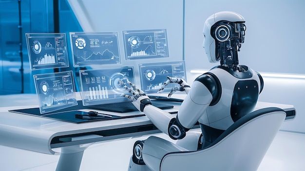 Un robot futurista se sienta en un elegante robot moderno de trabajo de escritorio