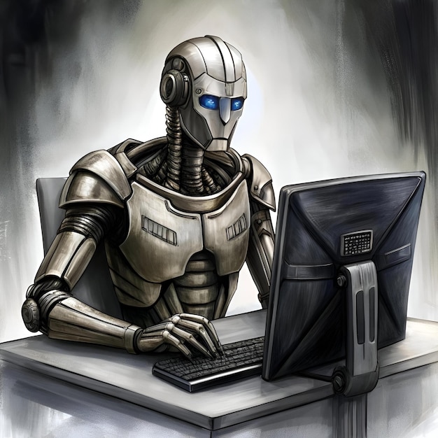 Un robot futurista se sienta en un escritorio trabajando diligentemente en una computadora
