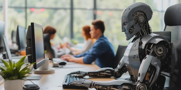 Robot futurista trabajando junto a humanos en la oficina