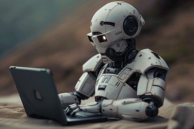 El robot futurista utiliza una computadora portátil que simboliza la revolución de la inteligencia artificial