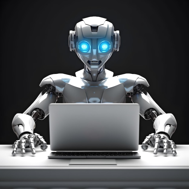 Robot futurista utilizando una computadora portátil generada por la IA