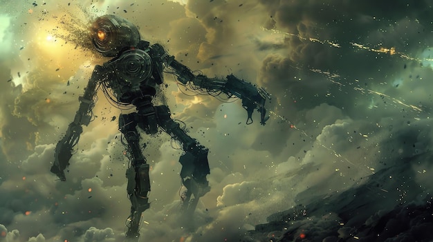 Foto el robot gigante se alza en medio del campo de batalla su cuerpo está hecho de metal y sus ojos brillan de rojo
