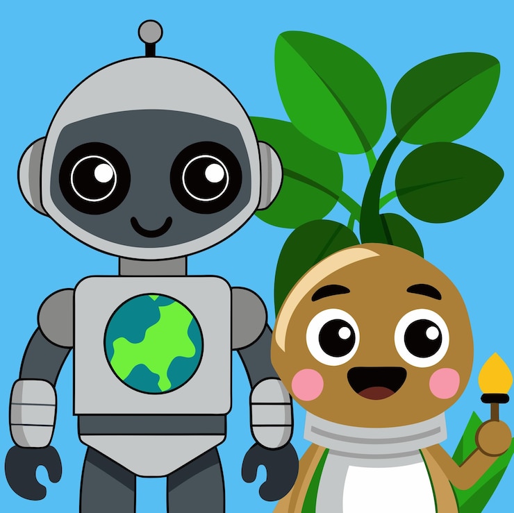 Foto un robot con un globo en el pecho está de pie junto a un personaje vegetal amistoso