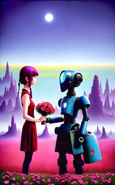 Un robot gracioso le da flores a una chica.