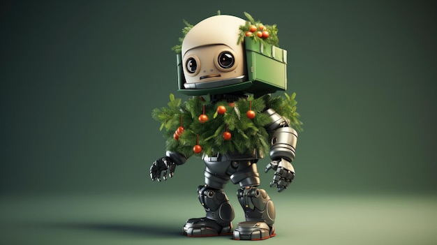 Robot gracioso decorado con ramas de abeto y bolas de Navidad en un fondo de estudio verde