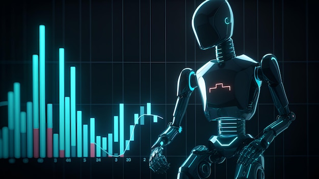 Un robot con un gráfico de fondo.