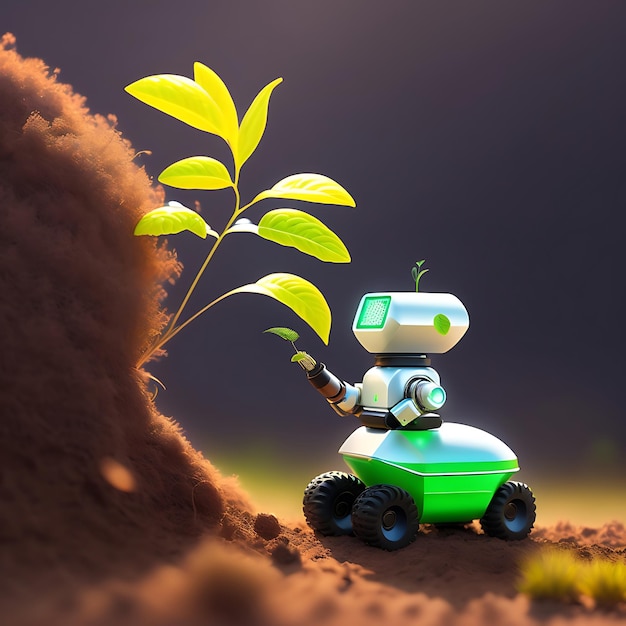 Un robot granjero inteligente comprueba una planta en crecimiento