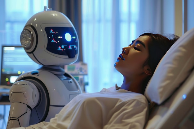 Foto un robot está hablando con una chica en una cama de hospital.