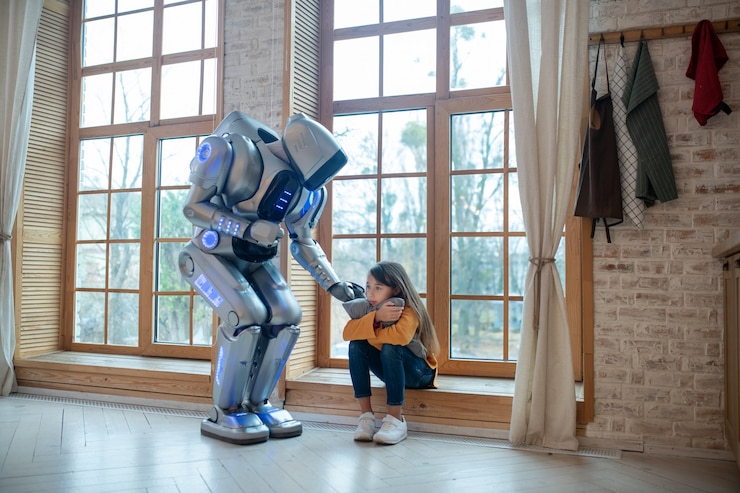 Foto robot hablando con la niña sentada en la ventana.