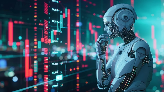 Un robot hablando por teléfono móvil en una ciudad futurista