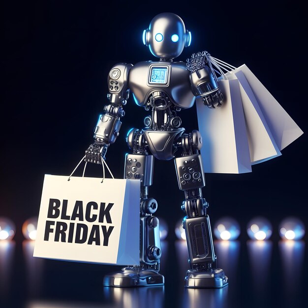 Robot hält Einkaufstaschen mit Black Friday Textrabatt auf Einzelhandelselektronik 3D-Rendering