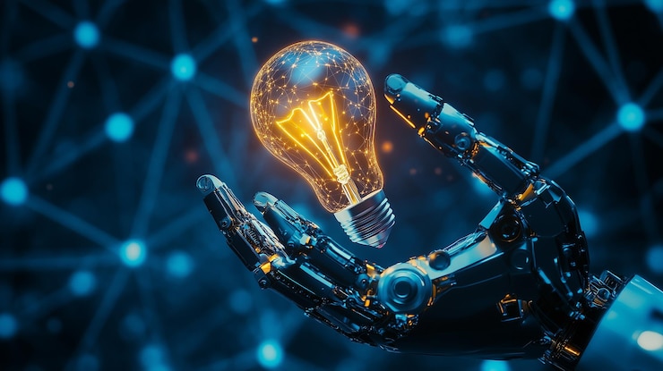 Foto robot hand hält leuchtende glühbirne, die innovationstechnologie und zukunftsideen auf blue bac symbolisiert