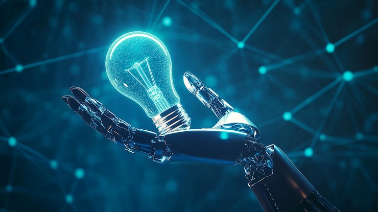 Foto robot hand hält leuchtende glühbirne, die innovationstechnologie und zukunftsideen auf blue bac symbolisiert