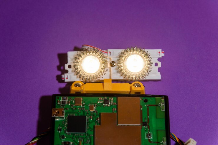 Foto el robot hecho a mano se colocó plano en la plataforma arduino diy ai steamfondo púrpuraeducación básica para niños y adolescentes robótica y electrónica
