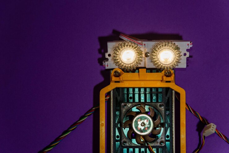 Foto el robot hecho a mano se colocó plano en la plataforma arduino diy ai steamfondo púrpuraeducación básica para niños y adolescentes robótica y electrónica