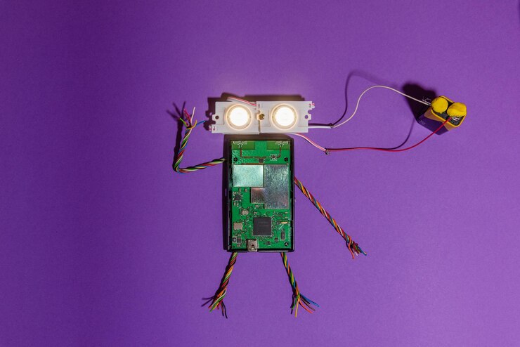 Foto el robot hecho a mano se colocó plano en la plataforma arduino diy ai steamfondo púrpuraeducación básica para niños y adolescentes robótica y electrónicacopiar espacio