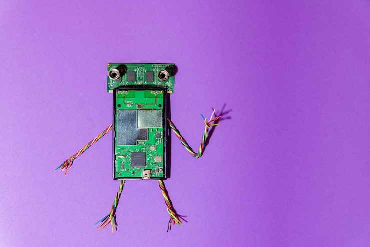 Foto el robot hecho a mano se colocó plano en la plataforma arduino diy ai steamfondo púrpuraeducación básica para niños y adolescentes robótica y electrónicacopiar espacio