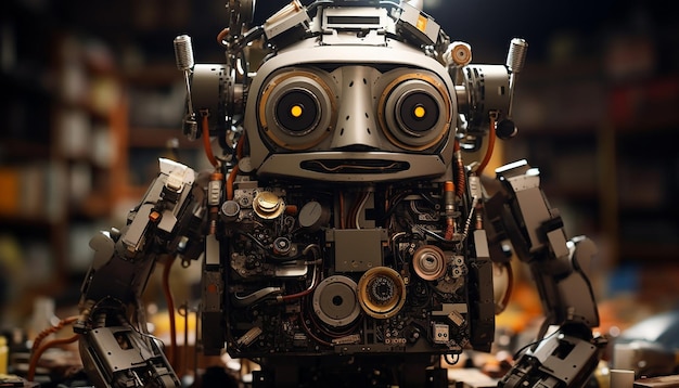 Un robot hecho de metal y componentes electrónicos Fotografía de vista frontal con velocidad de obturación lenta