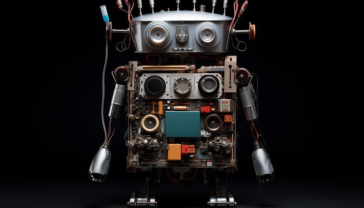 Foto un robot hecho de metal y componentes electrónicos fotografía de vista frontal con velocidad de obturación lenta