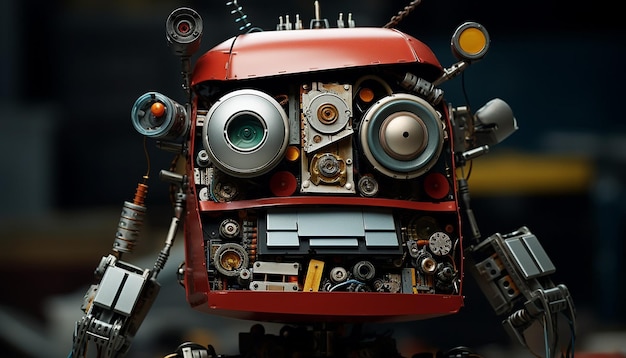 Un robot hecho de metal y componentes electrónicos Fotografía de vista frontal con velocidad de obturación lenta