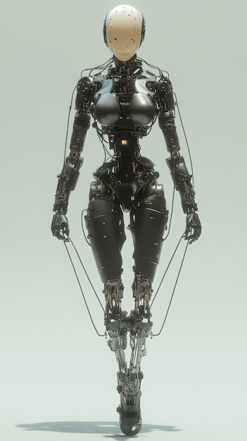 un robot hembra con un brazo grande y las manos en la espalda