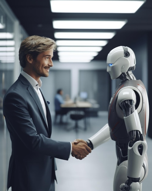 un robot y un hombre se dan la mano en un espacio de oficina IA generativa