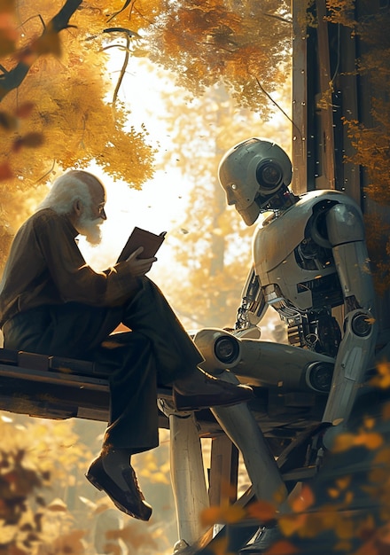 Robot y hombre sentados en un banco en un bosque leyendo un libro