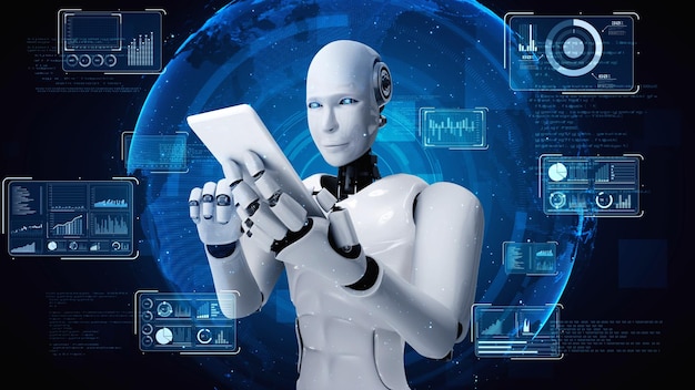 Robot hominoid usa teléfono móvil o tableta para análisis de big data