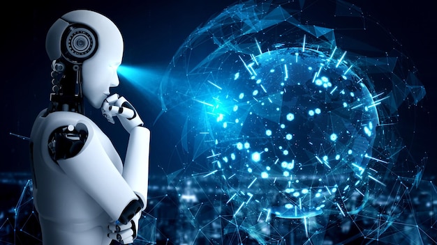 El robot hominoide AI pensante que analiza la pantalla del holograma muestra el concepto de red