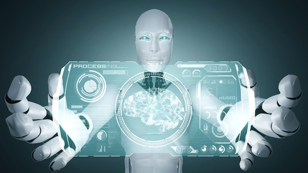 Robot hominoide AI sosteniendo una pantalla de holograma virtual que muestra el concepto de cerebro AI
