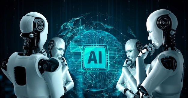 Robot hominoide de IA pensante que analiza la pantalla de holograma que muestra el concepto de IA