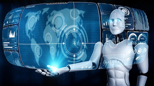 El robot hominoide de IA que sostiene una pantalla holográfica muestra el concepto de comunicación global