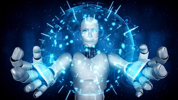 El robot hominoide de IA que sostiene una pantalla holográfica muestra el concepto de comunicación global