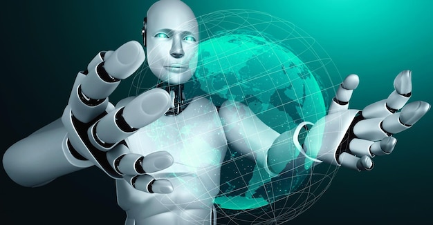 El robot hominoide de IA que sostiene una pantalla holográfica muestra el concepto de comunicación global