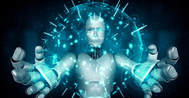 El robot hominoide de IA que sostiene una pantalla holográfica muestra el concepto de comunicación global