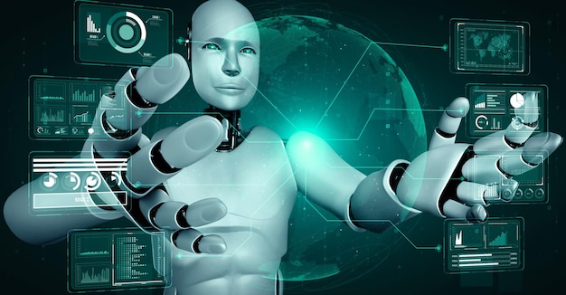 Robot hominoide de IA que sostiene una pantalla de holograma virtual que muestra el concepto de big data