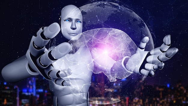 Robot hominoide de IA que sostiene una pantalla de holograma virtual que muestra el concepto de cerebro de IA