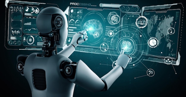 Robot hominoide de IA que toca la pantalla de holograma virtual que muestra el concepto de cerebro de IA