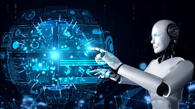 Un robot hominoide de IA tocando una pantalla de holograma virtual que muestra el concepto de big data