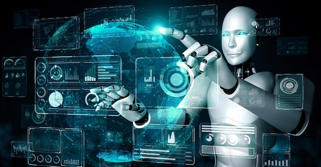 Un robot hominoide de IA tocando una pantalla de holograma virtual que muestra el concepto de big data