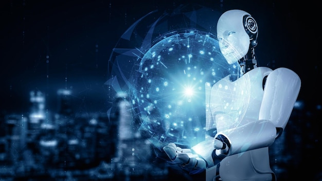 El robot hominoide de IA XAI que sostiene una pantalla holográfica muestra el concepto de comunicación global