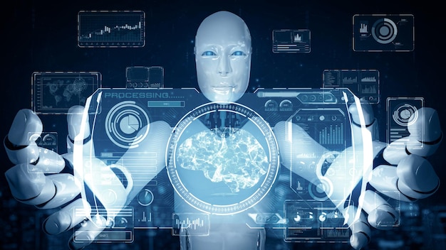El robot hominoide de IA XAI sostiene una pantalla de holograma virtual que muestra el concepto de big data