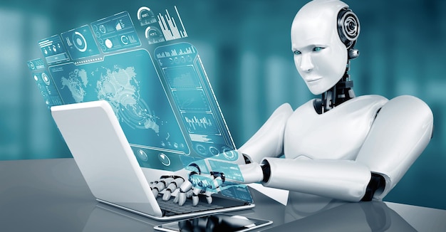 El robot hominoide Mlp usa una computadora portátil y se sienta en la mesa para el análisis de grandes datos